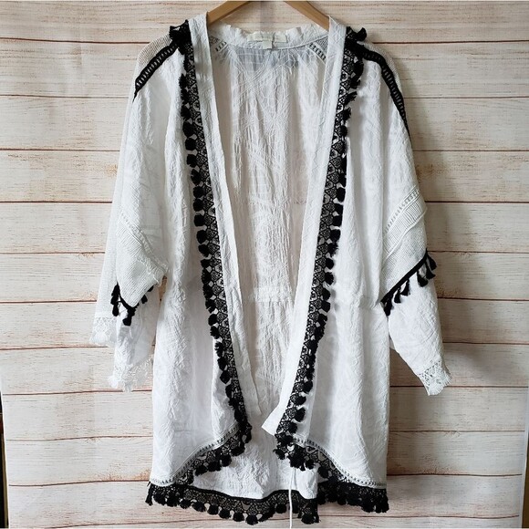 Jonathan Simkhai Cotton Blend Swimsuit Coverup/Robe/Kimono with Tassel Trim - Picture 1 of 9